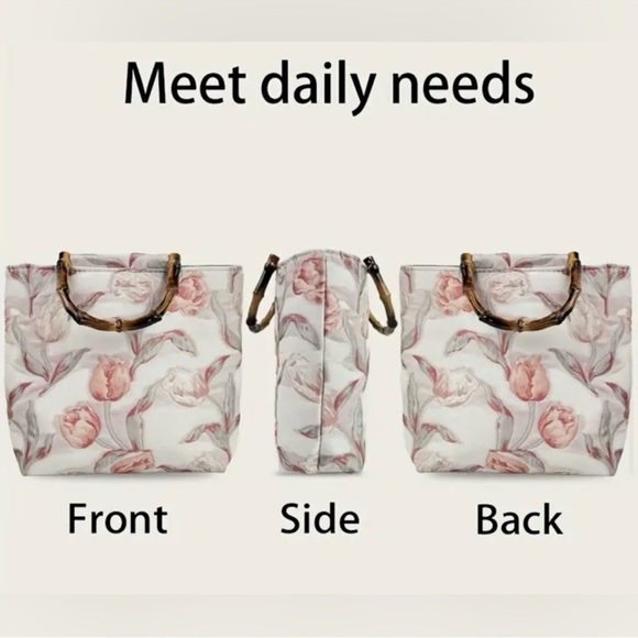 Floral Canvas Tote Bag with Bamboo Handles - Picture 2 of 5